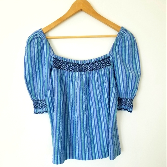 Faherty Presley Top Blue Coast Stripe Babydoll Square Neck Boho Smocked Organic - Picture 4 of 14